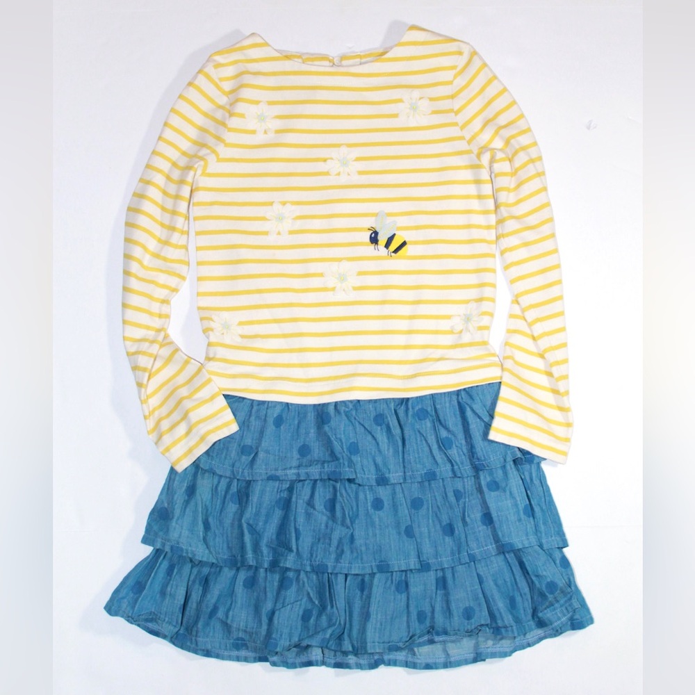 Mini Boden Yellow Stripe Top with Bee Appliqué And Blue Polka Dot Tiered Skirt